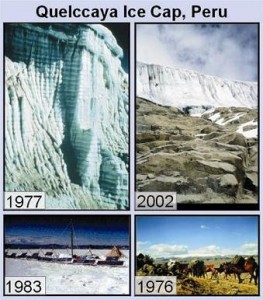 A 4 image panel showing the retreat of the ice margin over a 25 year period.
