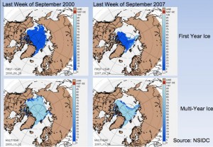 First-year and multiyear ice during the last week of September in 2000 and 2007. Images courtesy of National Snow and Ice Data Center.